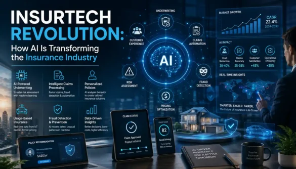 AI transforming the insurance industry through insurtech innovations including automated underwriting, claims processing, fraud detection, and personalized insurance solutions.