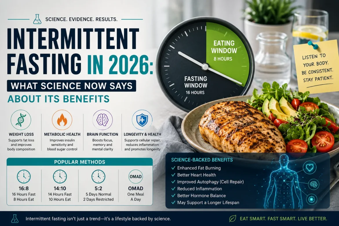 Intermittent fasting schedule with 16:8 fasting method, healthy meal, and science-backed health benefits in 2026.