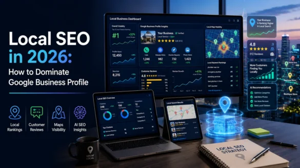 Modern local SEO analytics dashboard showing business profile optimization, map rankings, customer reviews, and AI-powered local search insights in 2026.