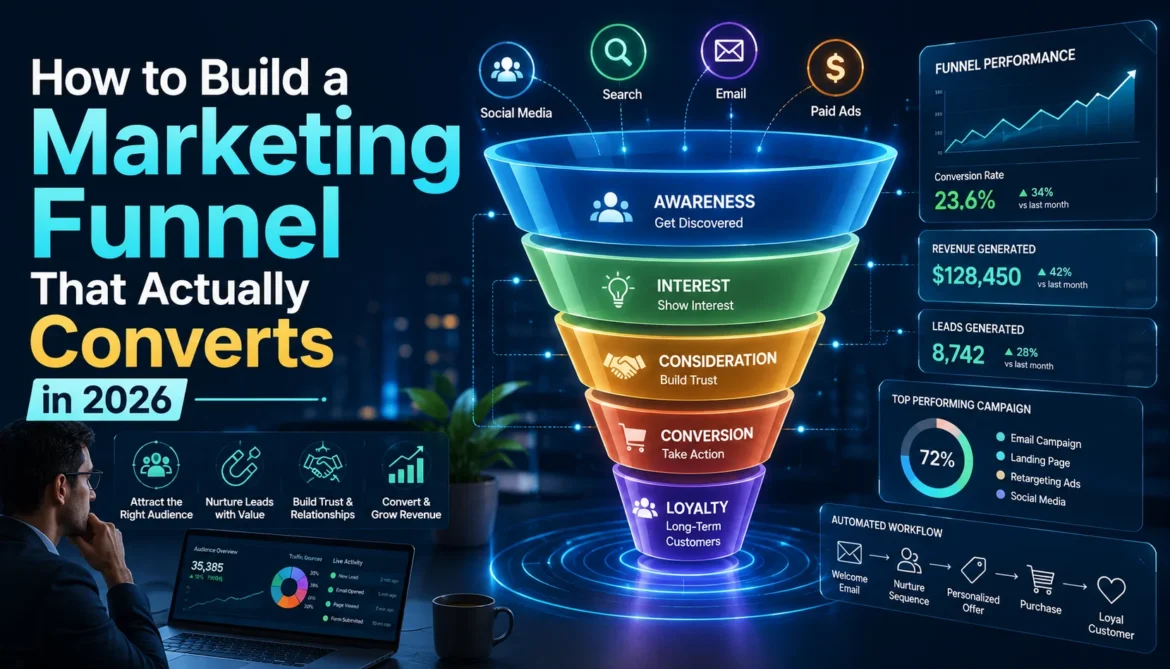 Digital marketing funnel showing customer journey, lead nurturing automation, conversion optimization, and sales funnel analytics in 2026