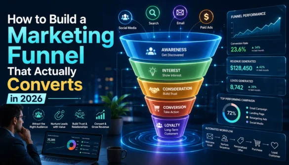 Digital marketing funnel showing customer journey, lead nurturing automation, conversion optimization, and sales funnel analytics in 2026