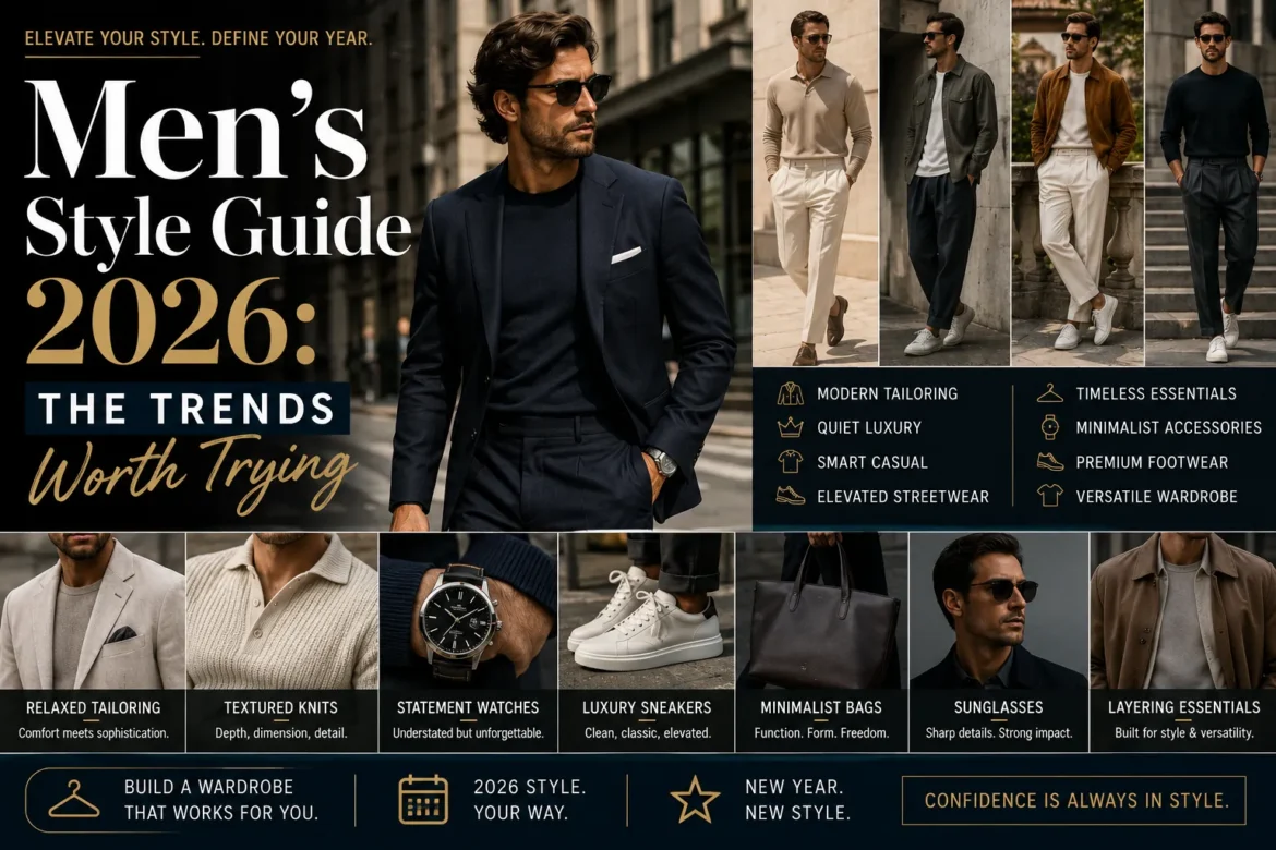 Modern men's fashion trends in 2026 featuring tailored suits, quiet luxury outfits, premium footwear, minimalist accessories, and smart casual menswear