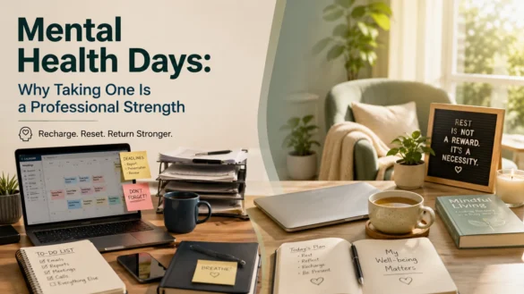 Mental Health Days: Why Taking One Is a Professional Strength illustrated with a balanced workspace, wellness journal, herbal tea, indoor plants, and a calm office environment.