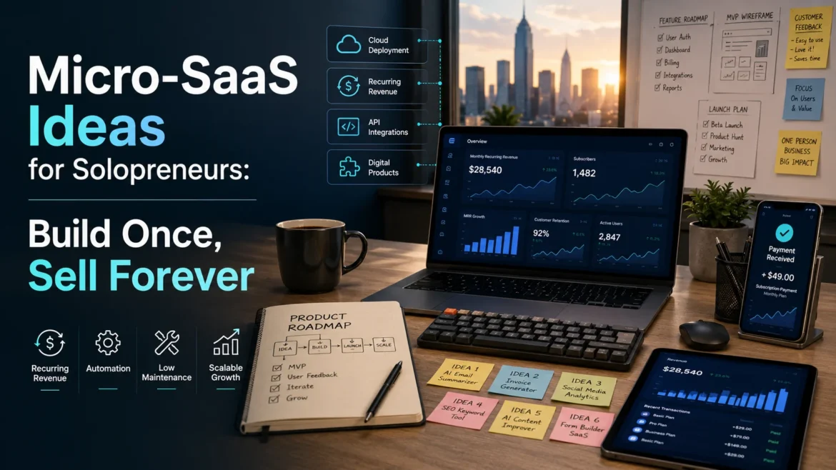 Modern Micro-SaaS workspace with recurring revenue dashboard, product roadmap, automation tools, and startup planning for solopreneurs.
