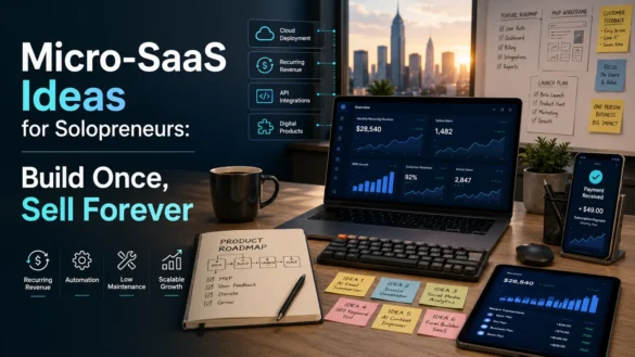 Modern Micro-SaaS workspace with recurring revenue dashboard, product roadmap, automation tools, and startup planning for solopreneurs.