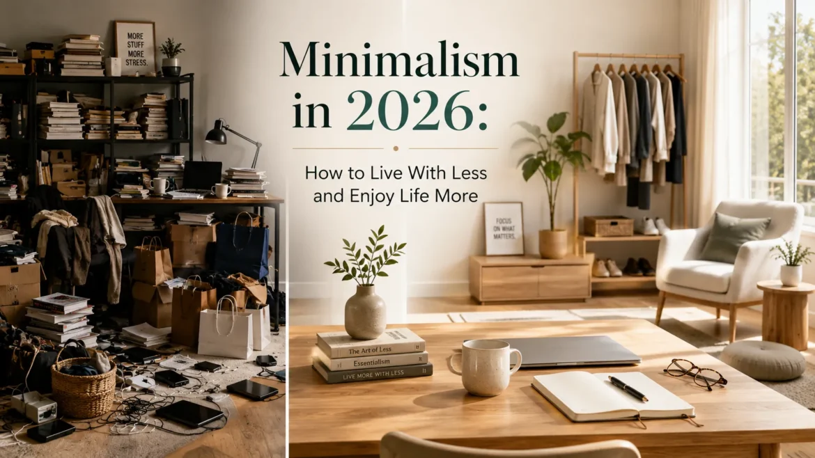 Minimalist home interior comparing cluttered living with organized minimalist lifestyle in 2026.