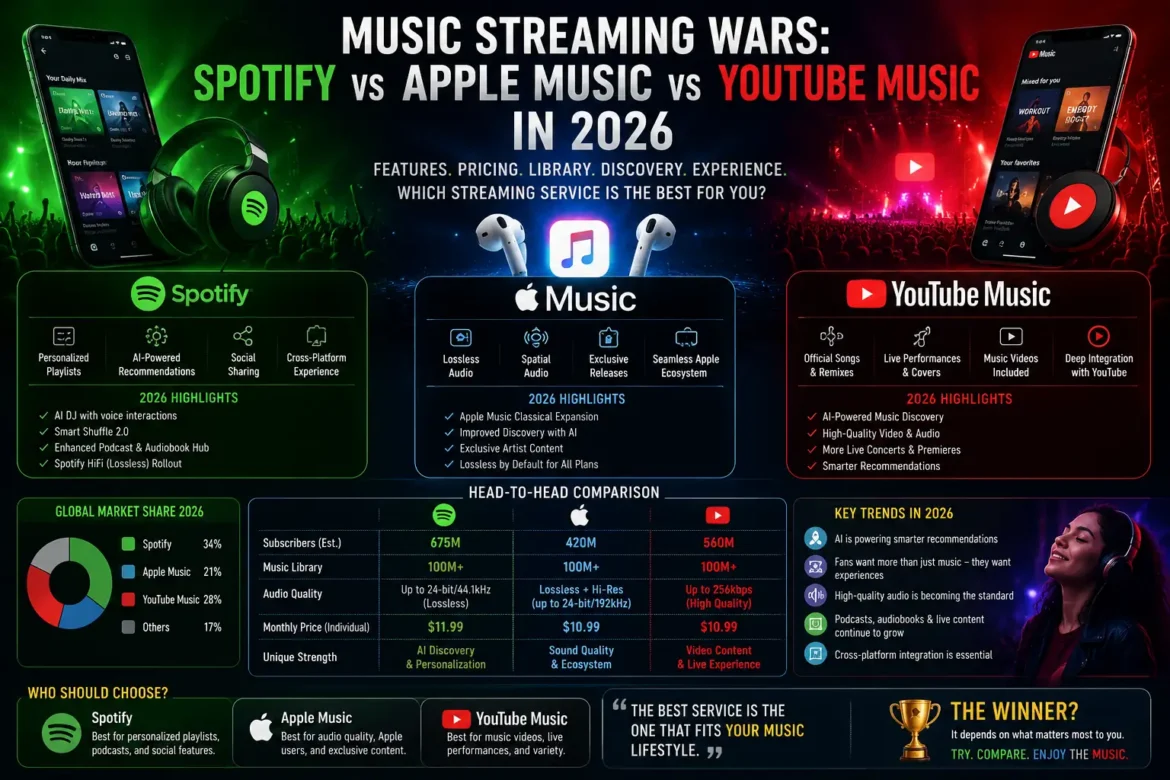 Music Streaming Wars 2026 comparison featuring Spotify, Apple Music, and YouTube Music with features, pricing, audio quality, and market share analysis