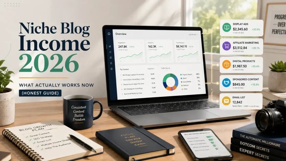 Modern blogging workspace with analytics dashboard showing niche blog income strategies including affiliate marketing, display ads, digital products and email marketing in 2026.