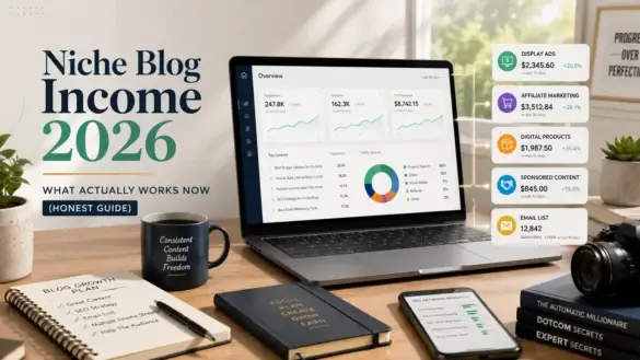 Modern blogging workspace with analytics dashboard showing niche blog income strategies including affiliate marketing, display ads, digital products and email marketing in 2026.