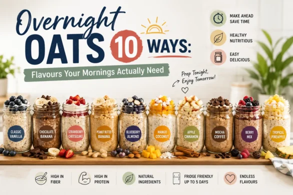 Ten delicious overnight oats flavors displayed in mason jars with fresh fruits, nuts, and healthy toppings for easy breakfast meal prep