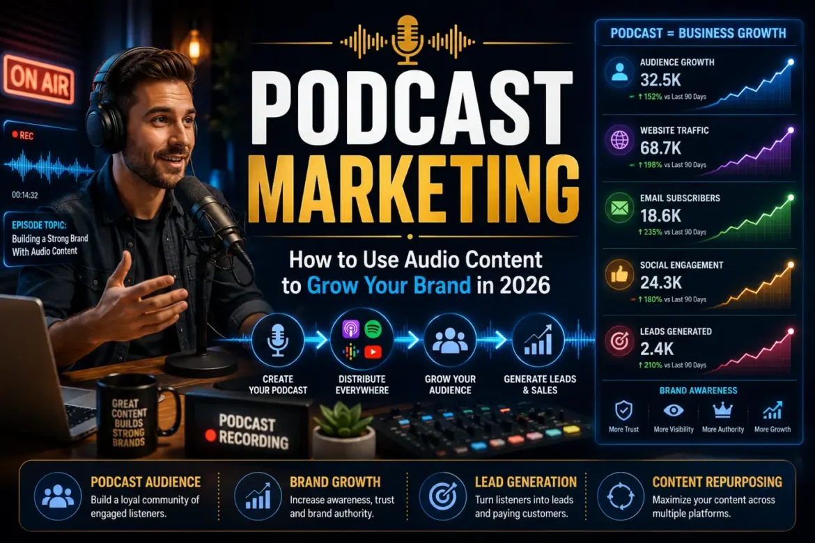 Podcast marketing strategy showing how audio content helps brands grow audience, leads, engagement, and business revenue in 2026.