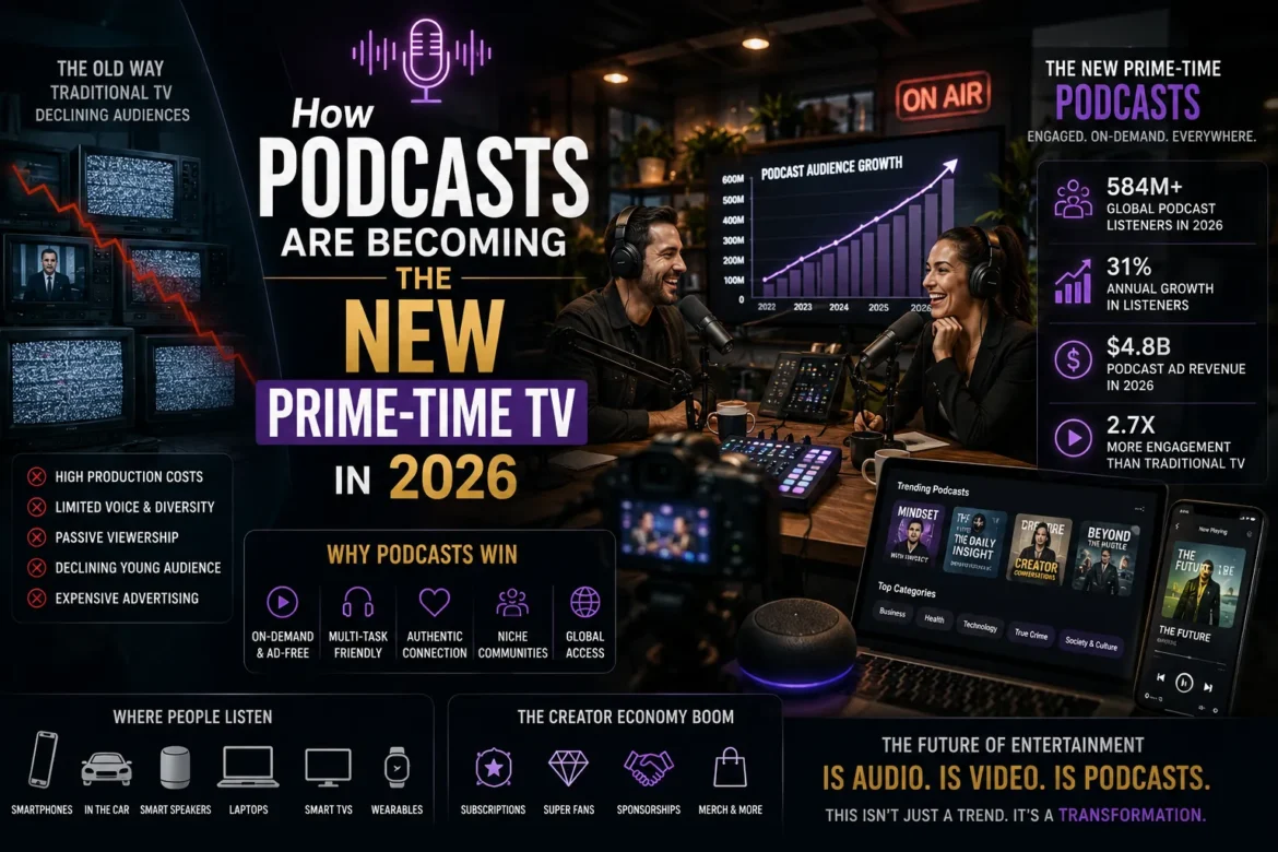 Modern podcast studio with creators, audience analytics, and digital media platforms showing how podcasts are replacing traditional prime-time television in 2026
