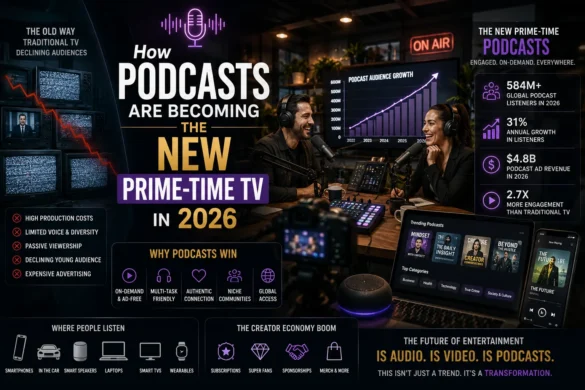Modern podcast studio with creators, audience analytics, and digital media platforms showing how podcasts are replacing traditional prime-time television in 2026