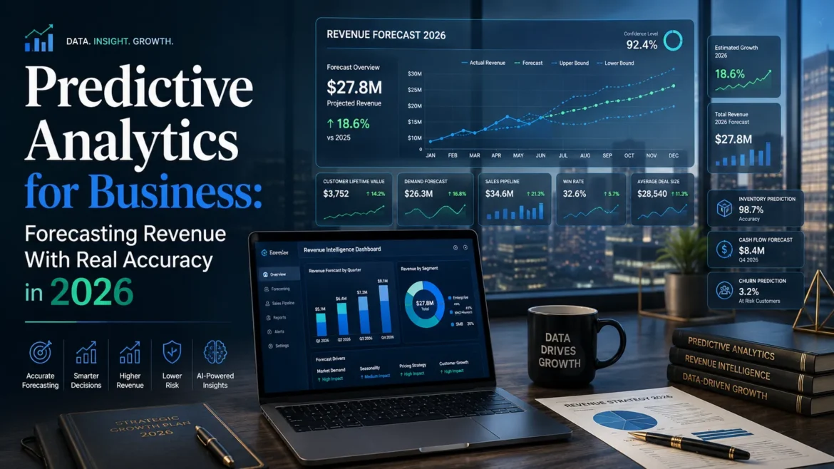 Predictive analytics dashboard showing AI-powered revenue forecasting, business intelligence metrics, sales projections, and growth analytics for 2026.