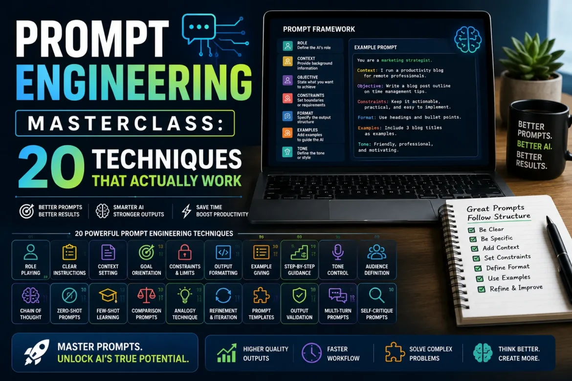 Prompt engineering framework showing AI prompting techniques, structured prompts, role prompting, few-shot learning, and prompt optimization methods.