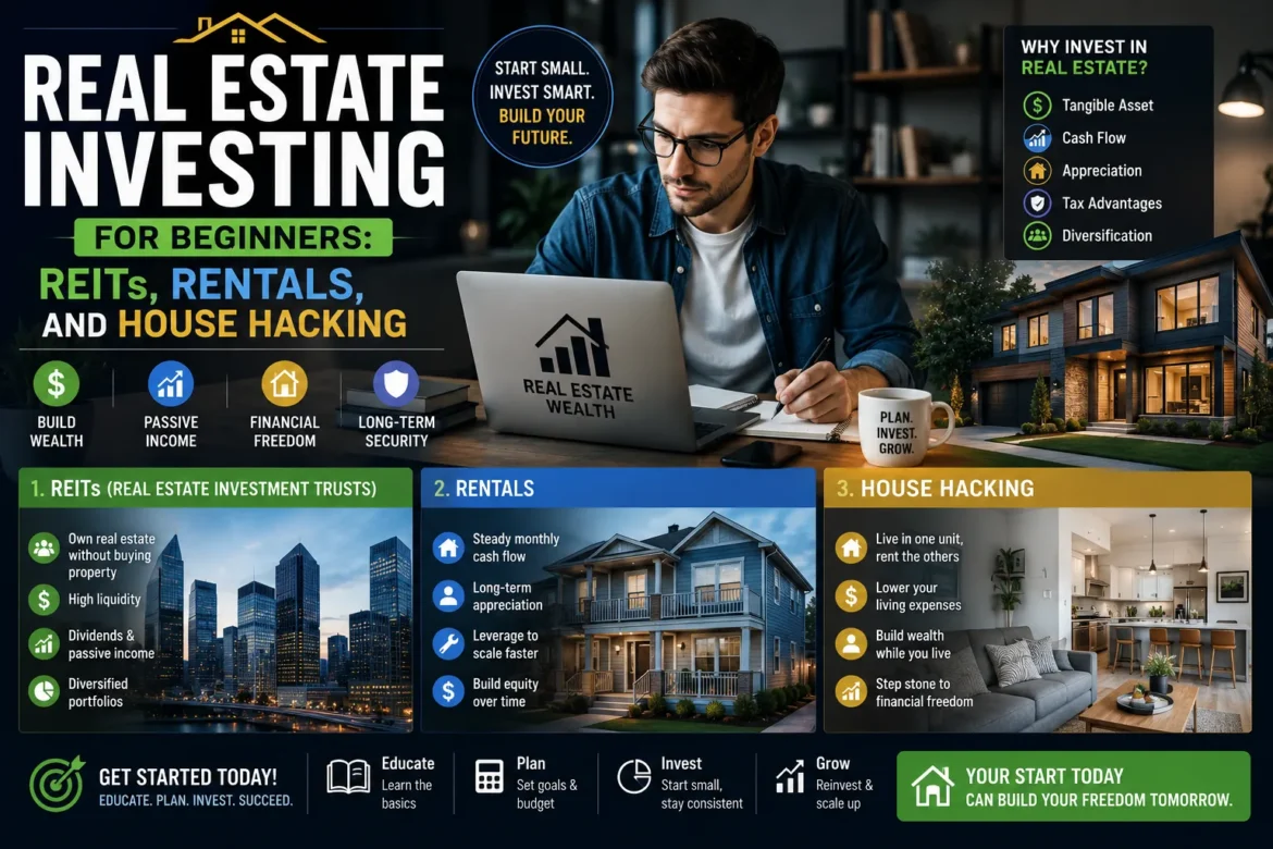 Beginner real estate investor learning about REITs, rental properties, and house hacking strategies for building long-term wealth