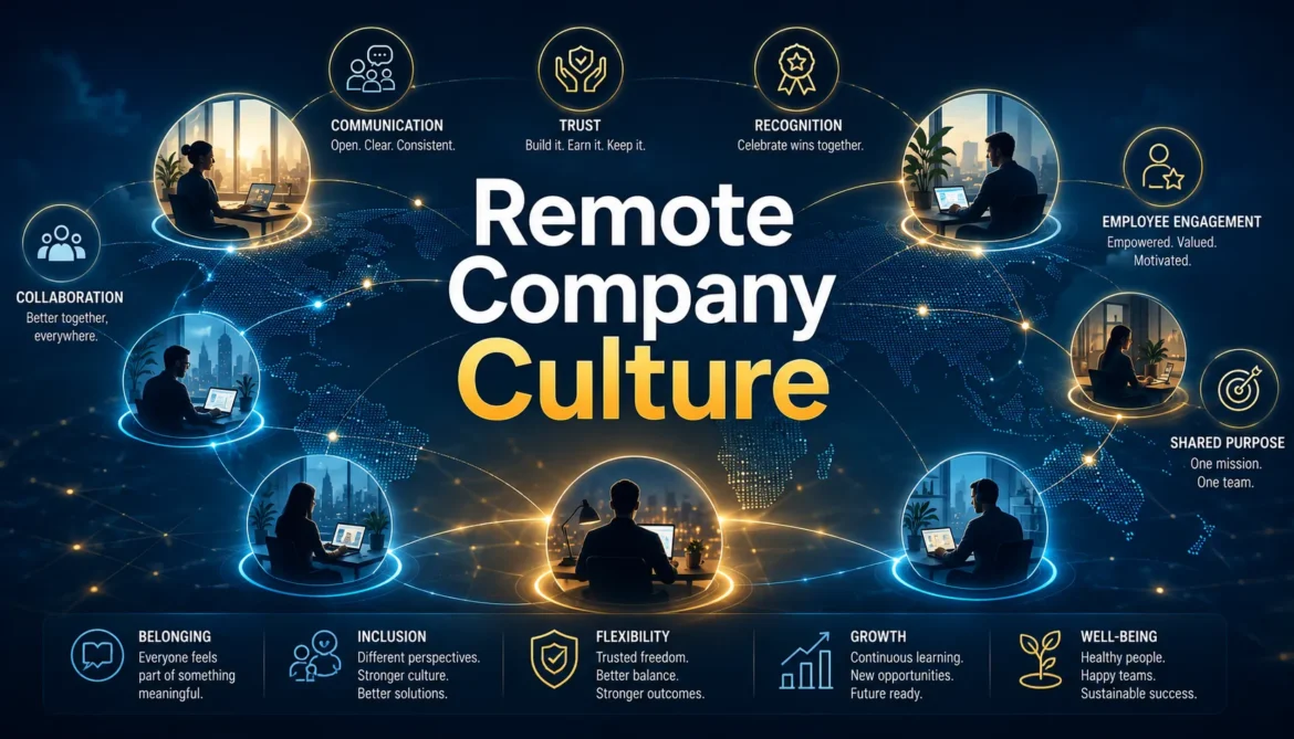 Remote company culture illustration showing employee engagement collaboration trust and distributed team connections