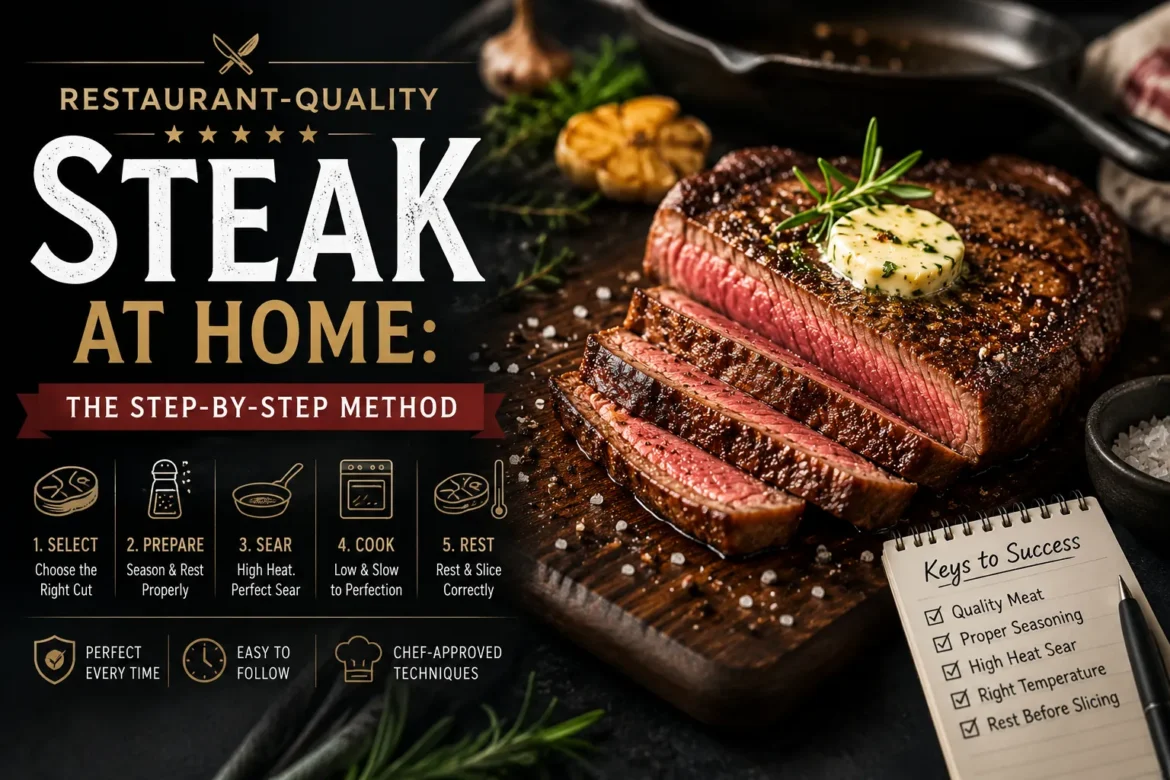 Perfect medium-rare restaurant-quality steak cooked at home with herb butter, cast iron skillet, and step-by-step cooking method.