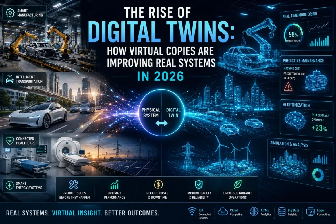 Digital twin technology in 2026 showing virtual replicas connected to real-world manufacturing, healthcare, transportation, and energy systems.