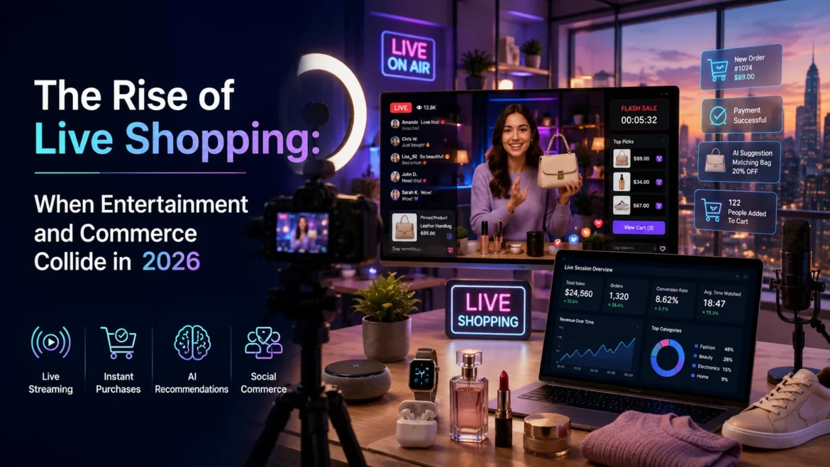 Live shopping studio featuring live streaming, AI-powered product recommendations, instant purchases, and e-commerce analytics in 2026.