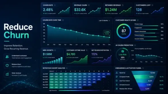 SaaS analytics dashboard displaying customer churn rate, retention metrics, MRR growth, customer lifetime value, churn prediction and subscription performance analytics.