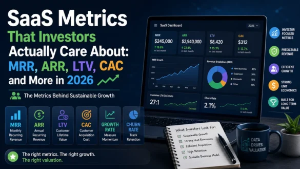SaaS analytics dashboard displaying MRR, ARR, LTV, CAC, churn rate, and growth metrics used by investors to evaluate software companies