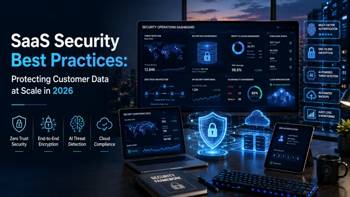Enterprise SaaS security dashboard featuring zero trust architecture, AI-powered threat detection, encryption, and cloud compliance in 2026.