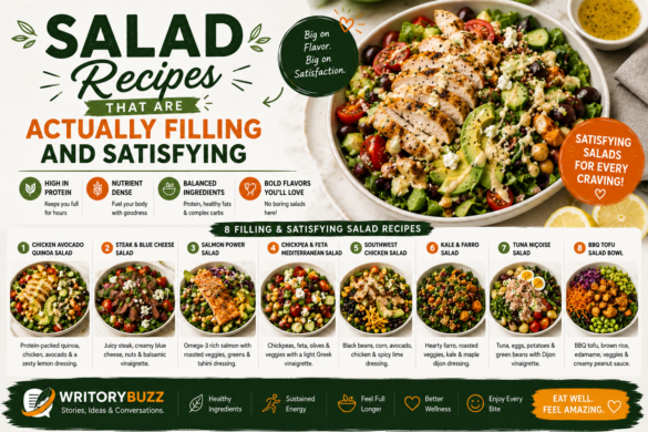 Healthy protein-rich salad recipes featuring chicken, salmon, steak, chickpeas, tofu, and fresh vegetables that are filling, nutritious, and satisfying.