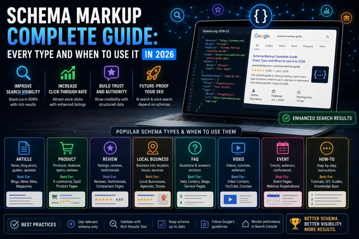 Schema Markup Complete Guide showing structured data types and SEO rich results in 2026