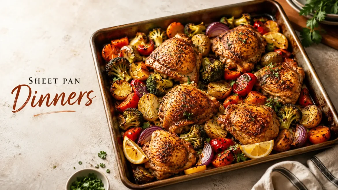 Sheet pan dinner with roasted chicken and colorful vegetables for an easy weeknight meal