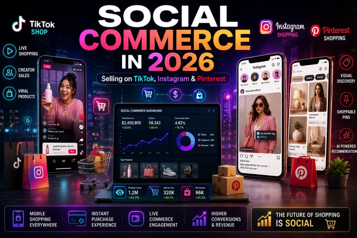 Social commerce in 2026 showing product sales through TikTok Shop, Instagram Shopping, and Pinterest Shopping platforms.