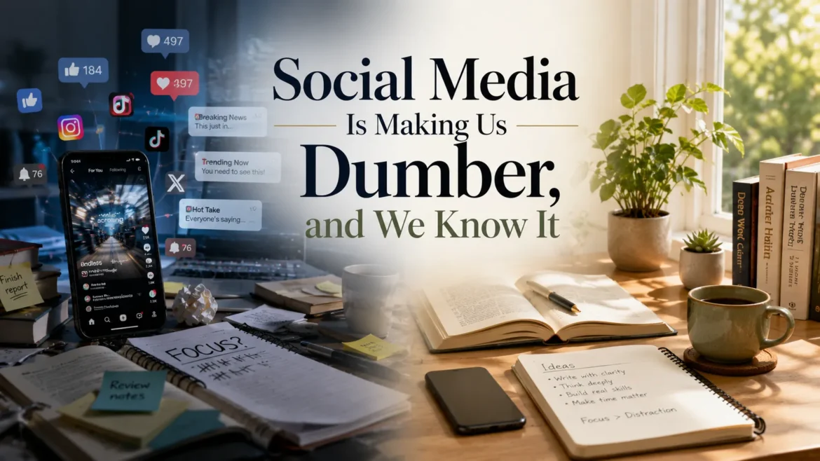 Social media distraction versus deep focus illustrating how excessive social media affects attention span and critical thinking.