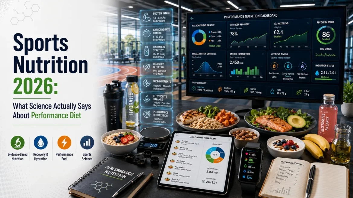 Modern sports nutrition dashboard featuring evidence-based performance diet analytics, healthy whole foods, hydration monitoring, and athlete recovery tracking in 2026.