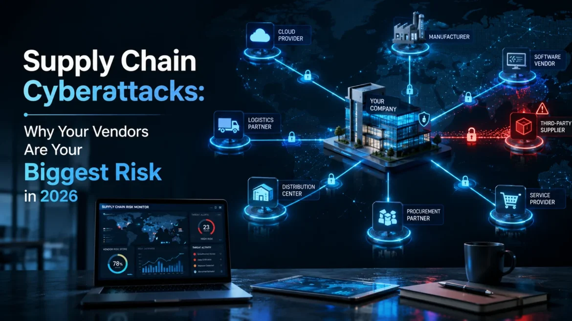 Supply Chain Cyberattacks: Why Your Vendors Are Your Biggest Risk in 2026 illustrated with interconnected enterprise vendors and third-party cybersecurity risks.