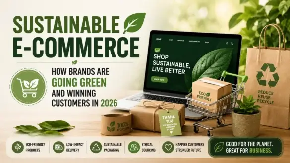 Sustainable e-commerce store featuring eco-friendly packaging, recyclable materials, and green online shopping practices in 2026