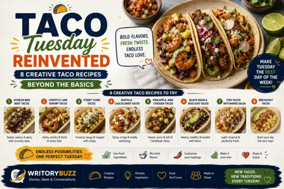 Colorful assortment of creative taco recipes including shrimp, Korean BBQ, fish, breakfast, cauliflower, and street corn tacos for Taco Tuesday inspiration.