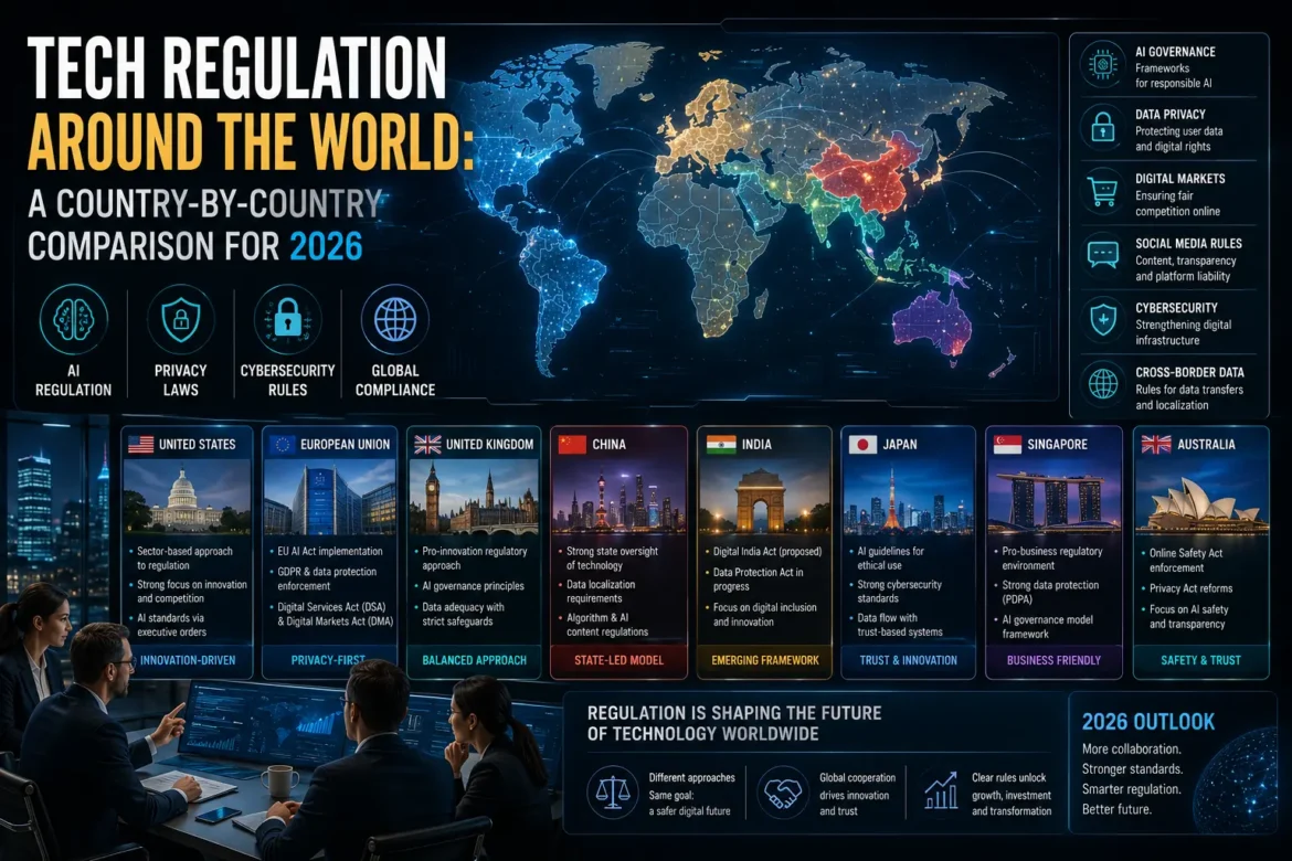 Global technology regulation comparison showing AI governance, privacy laws, cybersecurity regulations, and digital policy frameworks across major countries in 2026
