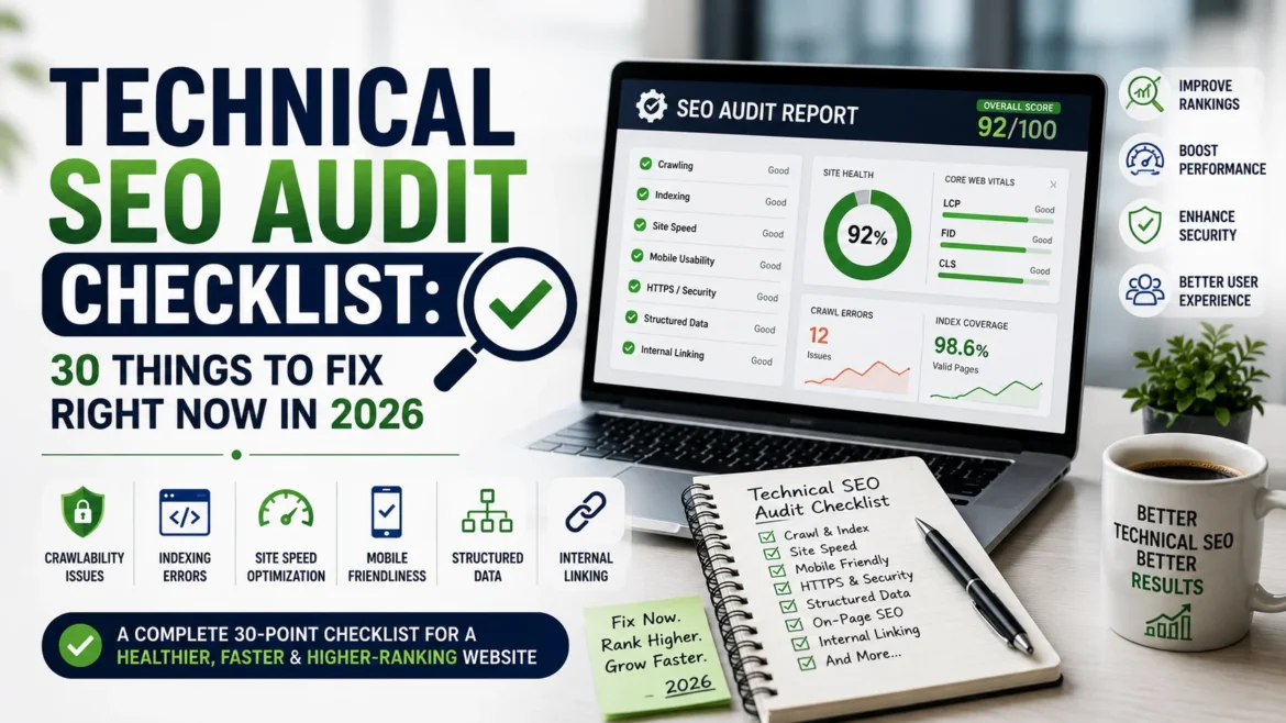 Technical SEO audit dashboard showing website health metrics, crawlability checks, Core Web Vitals, indexing status, and optimization tasks for 2026.