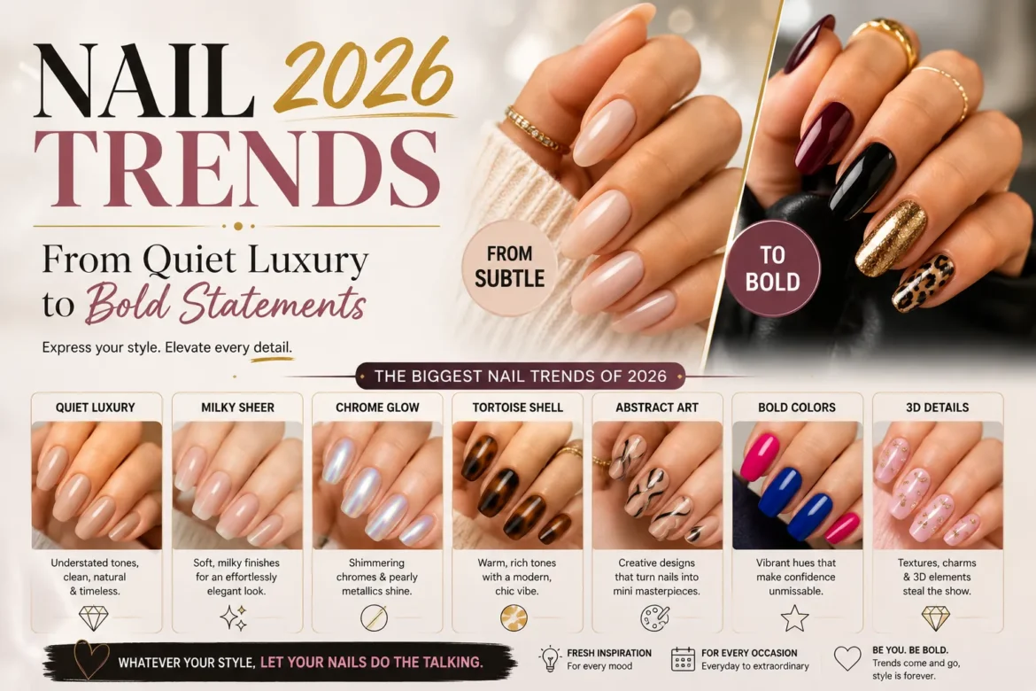 Nail Trends 2026 featuring quiet luxury nude nails, chrome finishes, abstract nail art, bold colors, and statement manicure designs.