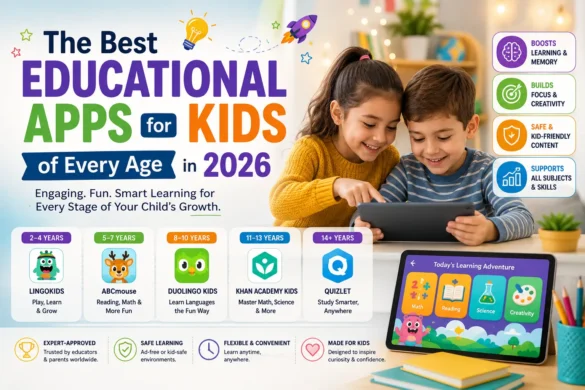 Children using educational learning apps on a tablet with age-appropriate educational apps for kids in 2026.