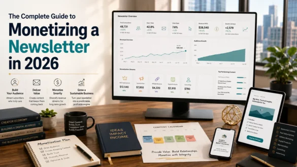 Newsletter monetization dashboard showing subscriber growth, revenue streams, email analytics, and digital publishing strategies in 2026.