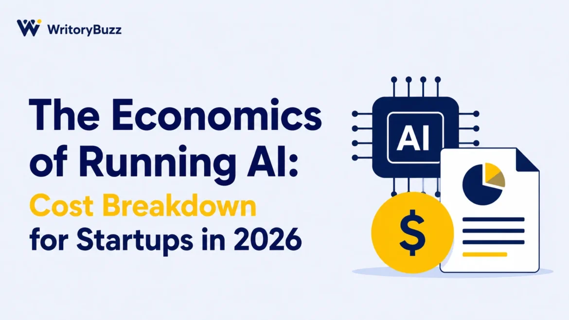 The economics of running AI showing startup cost breakdown with AI chip, financial report, and budget planning illustration in 2026.