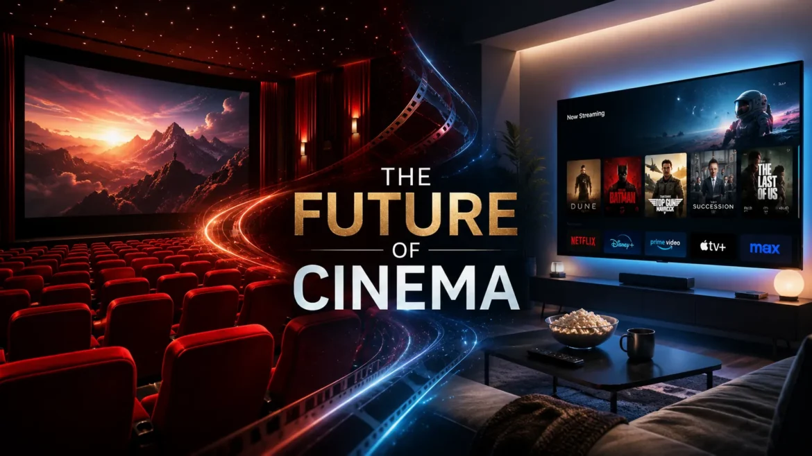 Modern movie theater and home streaming entertainment setup representing the future evolution of cinema