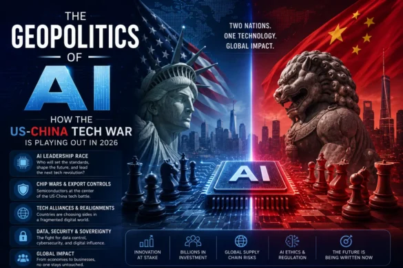The Geopolitics of AI: US-China technology war in 2026 showing AI chip, strategic competition, semiconductor race, and global technology rivalry.