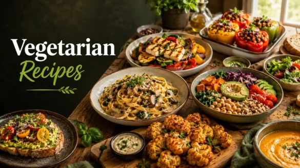 A colorful spread of gourmet vegetarian recipes featuring creamy mushroom pasta, grilled halloumi, stuffed bell peppers, roasted cauliflower, Buddha bowl, avocado toast and wholesome plant-based dishes.