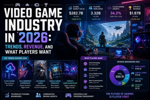 Gaming industry trends in 2026 featuring market growth, cloud gaming, esports revenue, and player preferences in a futuristic gaming setup.