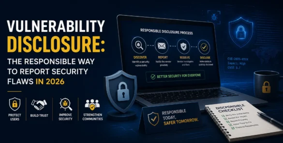 Vulnerability disclosure process showing the responsible way to report security flaws and cybersecurity vulnerabilities in 2026.