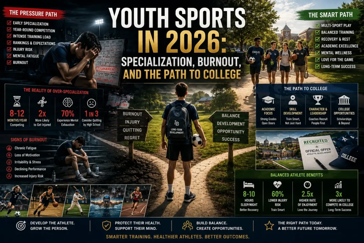 Youth sports in 2026 showing specialization risks, athlete burnout, balanced training, and the path to college recruitment and scholarships.