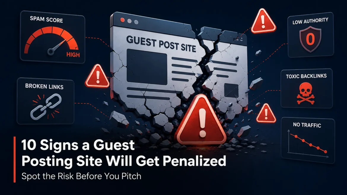Warning signs that a guest posting website may receive Google penalties due to spam, broken links, and poor SEO practices