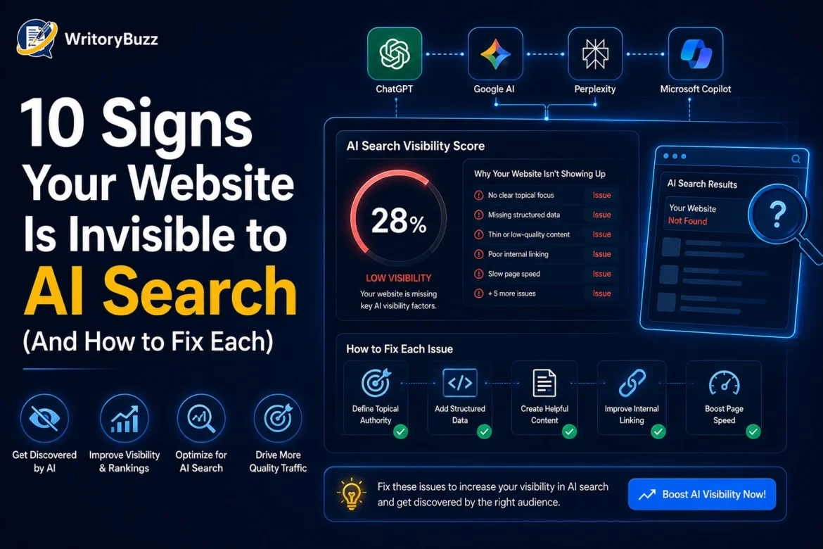 Dashboard illustrating 10 signs a website is invisible to AI search, with visibility score, SEO issues, and optimization recommendations.